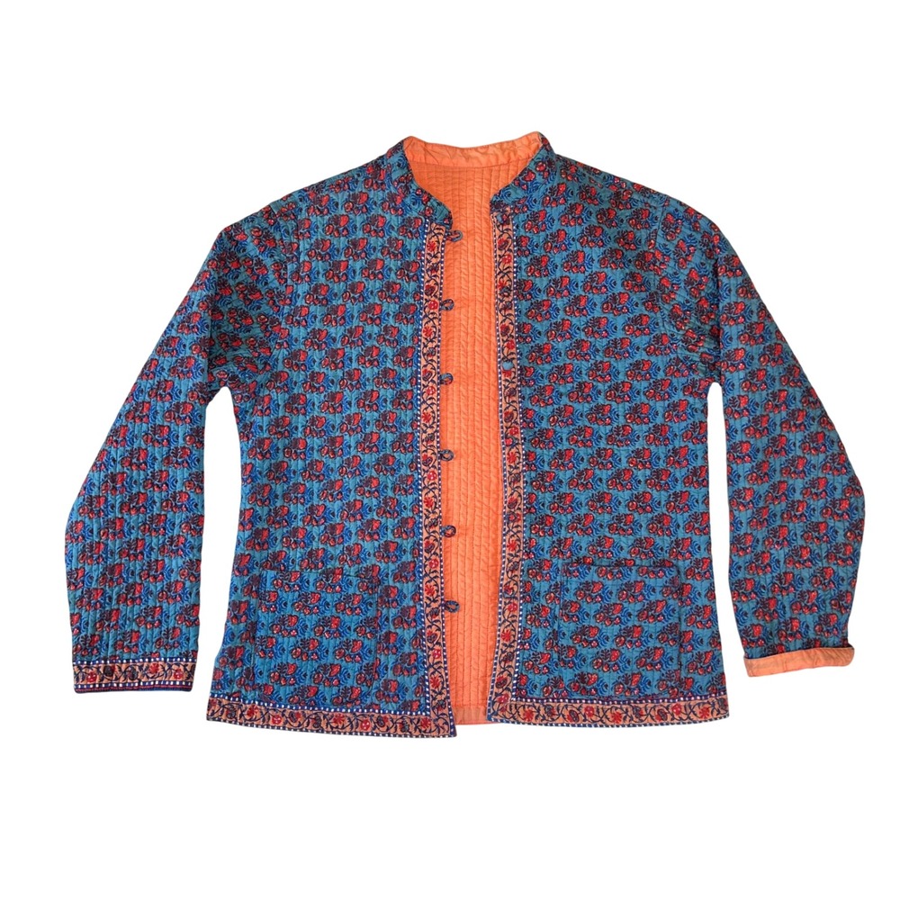 Anii by Natural Quilted Cotton Block Print Jacket Blue Orange Floral Womens‎ M